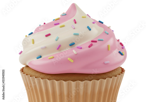 A delicious pink and white cupcake with colorful sprinkles isolated on transparent background