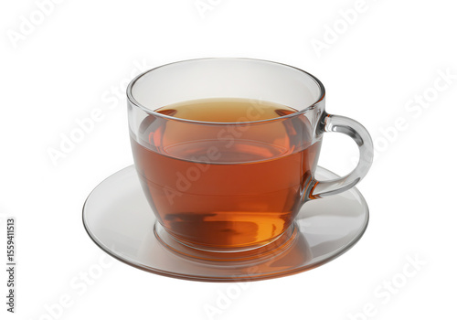 A cup of hot tea in a clear glass cup and saucer, isolated on transparent background