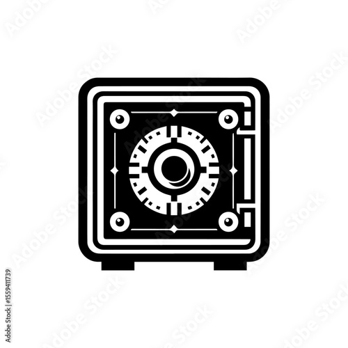 A stylized, black and white illustration of a safe with a complex dial and a handle.