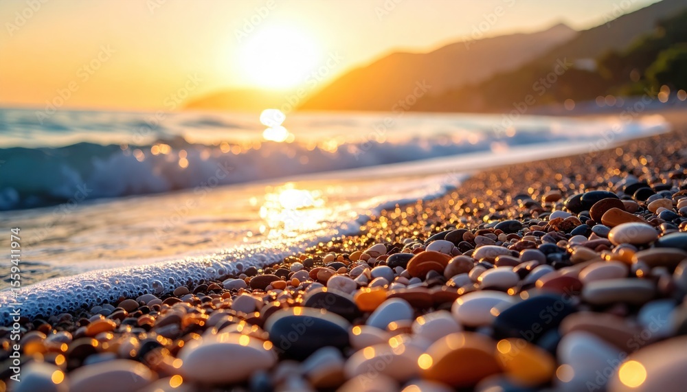 Obraz premium A serene beach scene featuring smooth pebbles at the shoreline, with gentle waves and a golden sunset in the background.