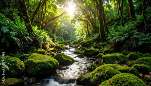 A serene forest scene with a gentle stream flowing through lush, green moss-covered stones, illuminated by warm sunlight.