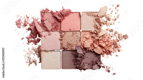 Colorful makeup palette with various powder shades on a white isolated background.
