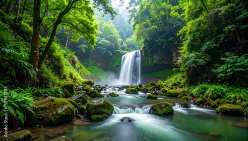 A serene waterfall surrounded by lush greenery, creating a tranquil atmosphere in nature's untouched paradise.