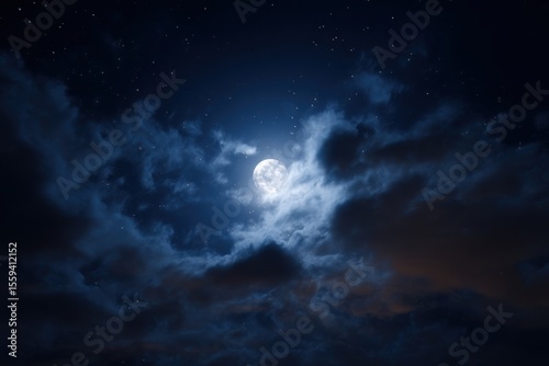 Night Sky With Full Moon Shining Brightly Amidst Clouds and Tiny Stars