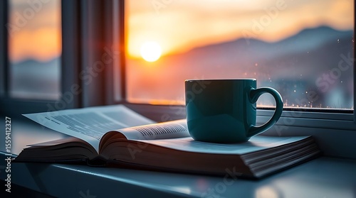 A teal mug rests on an open book placed on a windowsill, the breathtaking view of a sunset over distant mountains creating a serene and peaceful atmosphere