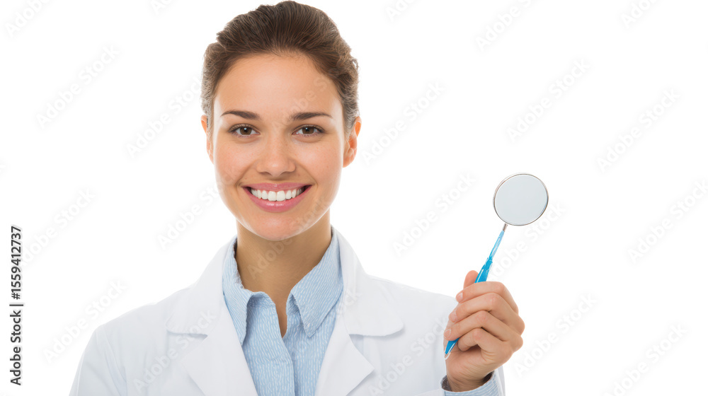 Female dentist smiling, holding dental mirror, white isolated background. Female dentist smiling, holding dental mirror, white isolated background.