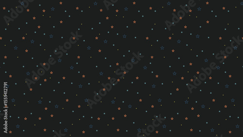 Seamless multicolor star outline pattern on dark background. Cute night sky vector for kids, nursery wallpaper, baby shower, cartoon style wrapping paper, and celestial fabric design.