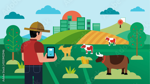 A virtual reality simulation allows farmers to monitor their entire pasture from the comfort of their home providing valuable insights on soil conditions and livestock behavior.. Vector illustration