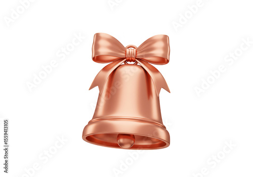 A shiny copper bell with a satin ribbon bow, isolated on transparent background