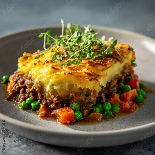 Elegant shepherds pie on gray plate savory meat topped with creamy mash and fresh herbs