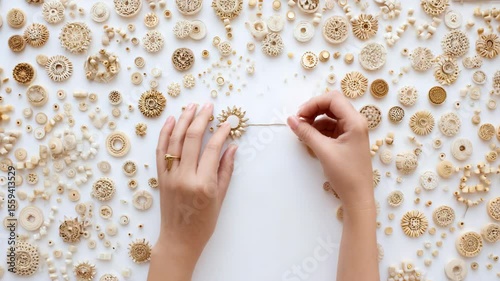 Handmade decorative elements arranged on a white surface.