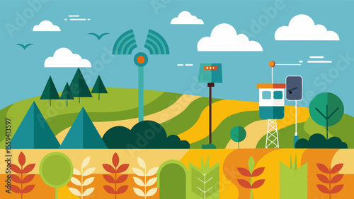 A weather station installed in a field collecting data on temperature humidity and wind speed which is then used to predict potential crop yield.. Vector illustration