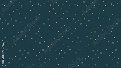Seamless night sky star outline pattern with yellow, coral, and blue stars on dark background. Cute celestial vector for kids fabric, wrapping paper, nursery art, or digital design.