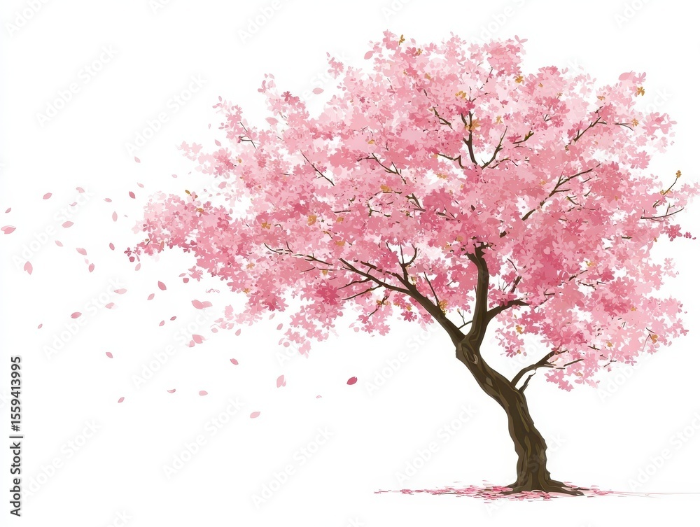 Fototapeta premium Pink Cherry Blossom Tree in Gentle Breeze Against White Background