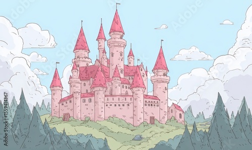 Pink Pixel Castle on Hilltop, Dreamy Fairytale Landscape
