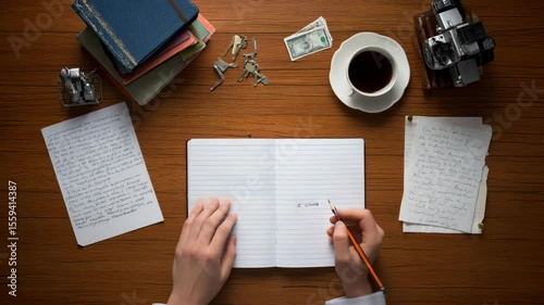Person writing in a notebook at a wooden desk