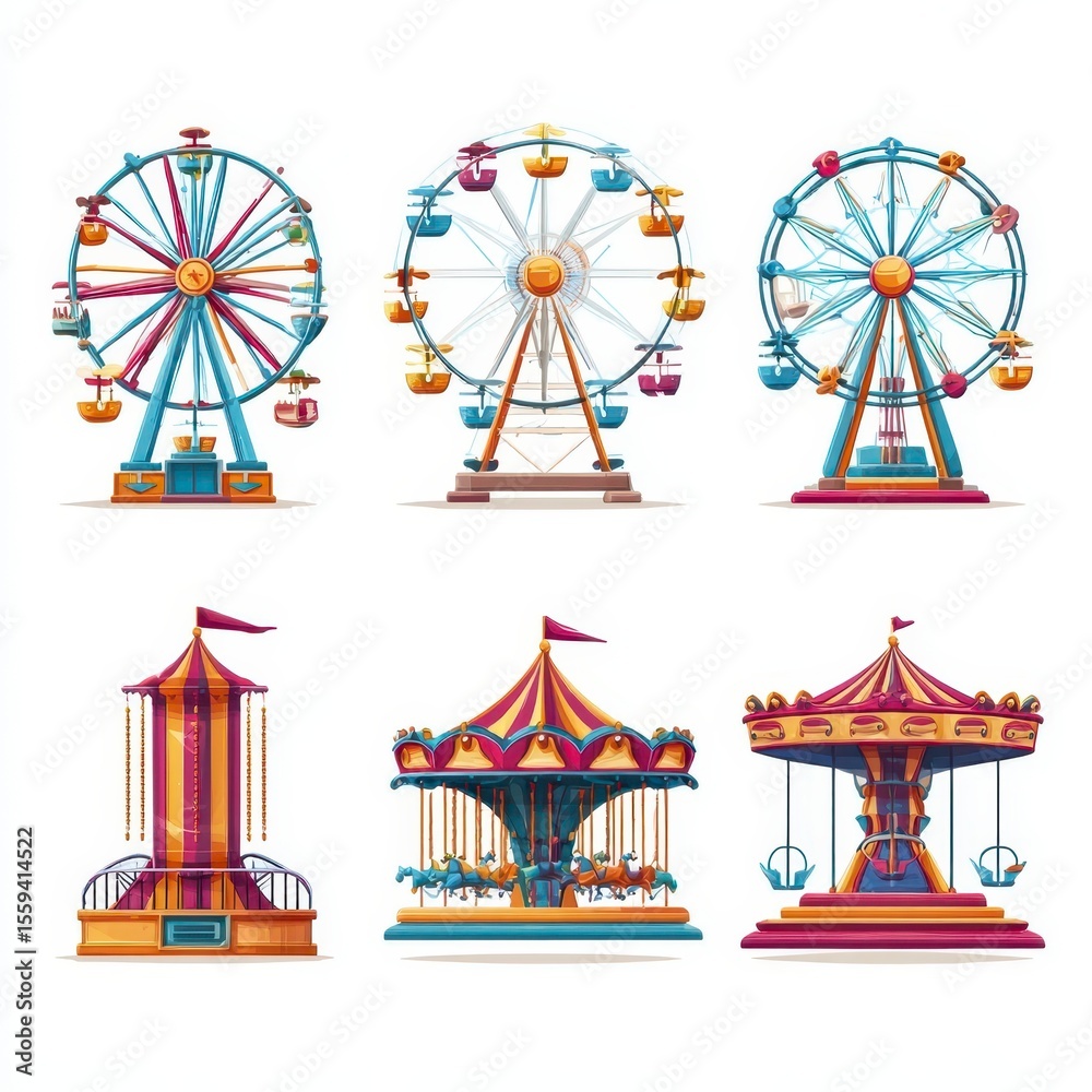 Fototapeta premium Pixel Art Amusement Park Rides Ferris Wheels and Carousels Illustration