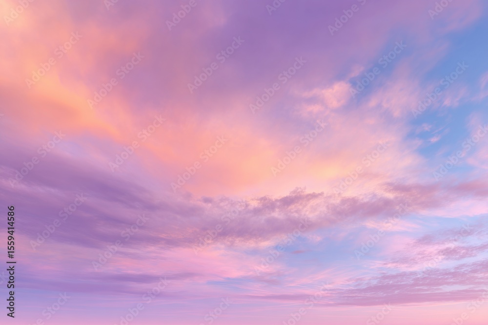 Fototapeta premium Sky with Pink Clouds and Blue Hues at Sunrise, Ethereal Pastel Sky Scape
