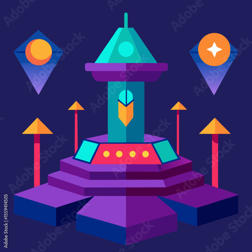 A vector illustration of a UFO in the night sky illuminates a modern home design, a symbol of light and abstract art