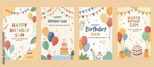 Birthday cards showcase celebratory themes with cakes balloons  vibrant pennants designed for a child named Sam