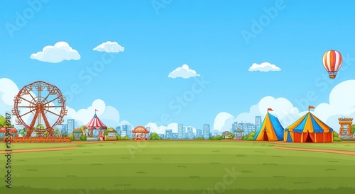 Pixel Art Funfair Illustration Sunny Day at Amusement Park with Ferris Wheel and Circus Tent