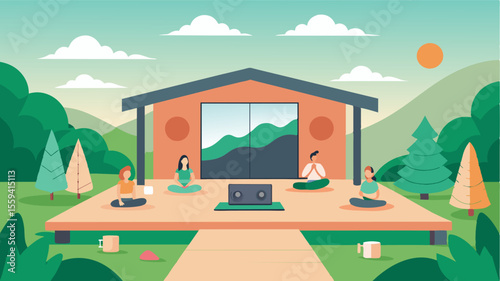 The openair yoga studio has a builtin sound system allowing instructors to stream calming nature sounds during classes.. Vector illustration