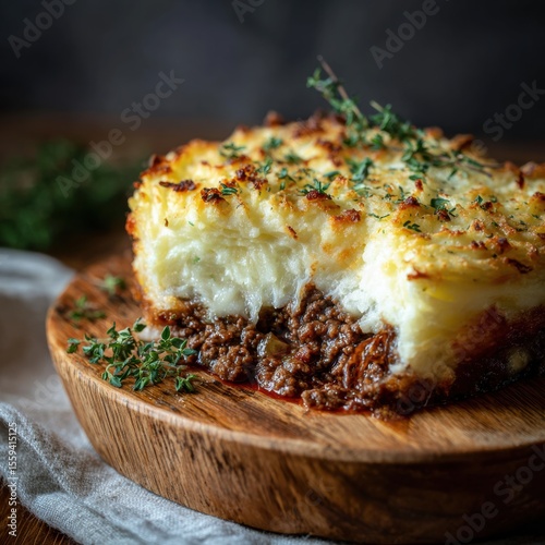 Savory shepherd's pie closeup showcasing creamy mashed potatoes and rich ground beef filling on wooden board