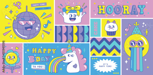 Colorful cartoon birthday card with disco ball presents unicorn cupcakes flower and emoji