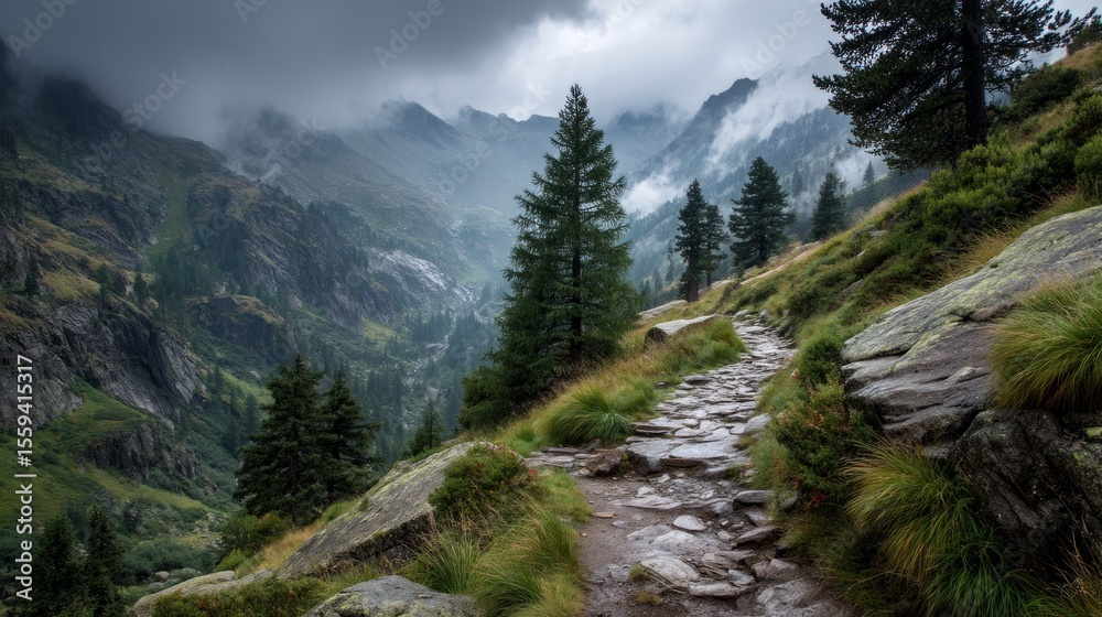 Obraz premium Scenic Rocky Mountain Trail with Lush Greenery and Dramatic Cloudy Sky