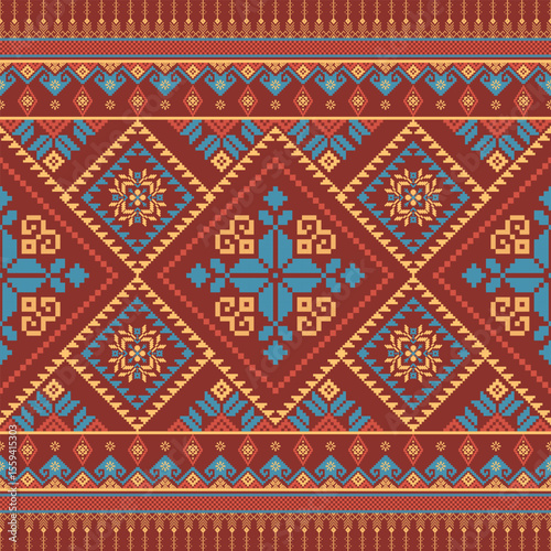 Geometric Thai Fabric with Red and Blue Pattern