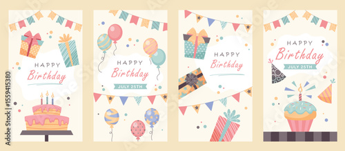 Four birthday cards in pastel tones with gifts cakes balloons and party banners