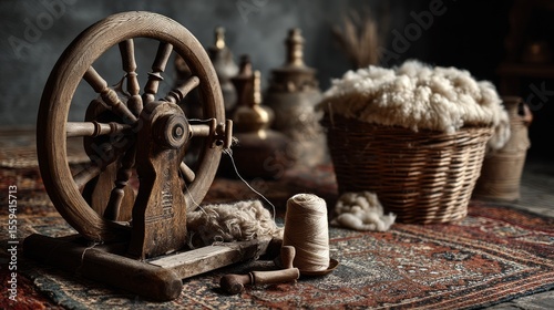 Rustic Wood Spinning Wheel with Wool and Natural Fibers in Cozy Room