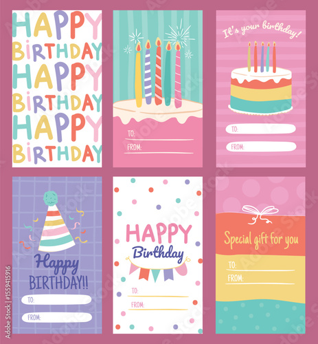 Six birthday tags with festive designs including cakes hats and colorful lettering ready for to and from details