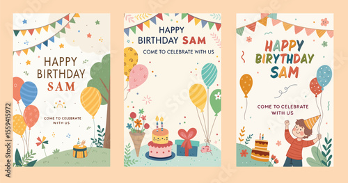Three cheerful birthday invitations for Sam each with colorful illustrations and celebratory messages