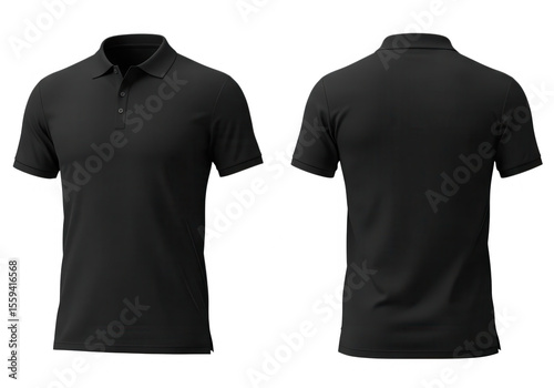 A classic black polo shirt, shown from the front and back, isolated on transparent background