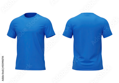 A vibrant blue tshirt, displayed in front and back views, isolated on transparent background