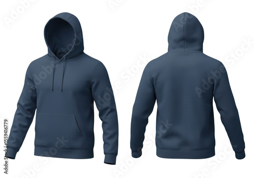 A classic blue hoodie sweatshirt mockup, isolated on transparent background, showcasing both the front and back views for design presentations