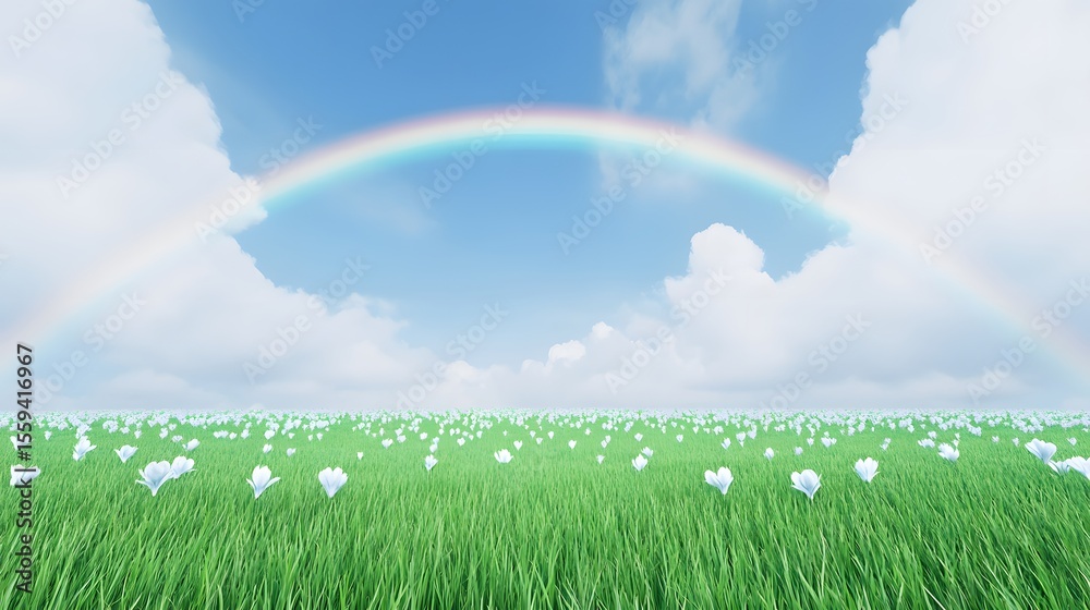 Naklejka premium Serene Rainbow Over Flower Field, Peaceful Landscape