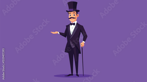 Elegant Cartoon Man in Top Hat with Cane Vector