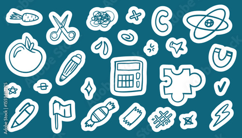 Back to school sticker set with hand drawn books, pencils, apples, and school buses. Fun vector illustrations suitable for kids’ journals, planners, or educational projects.