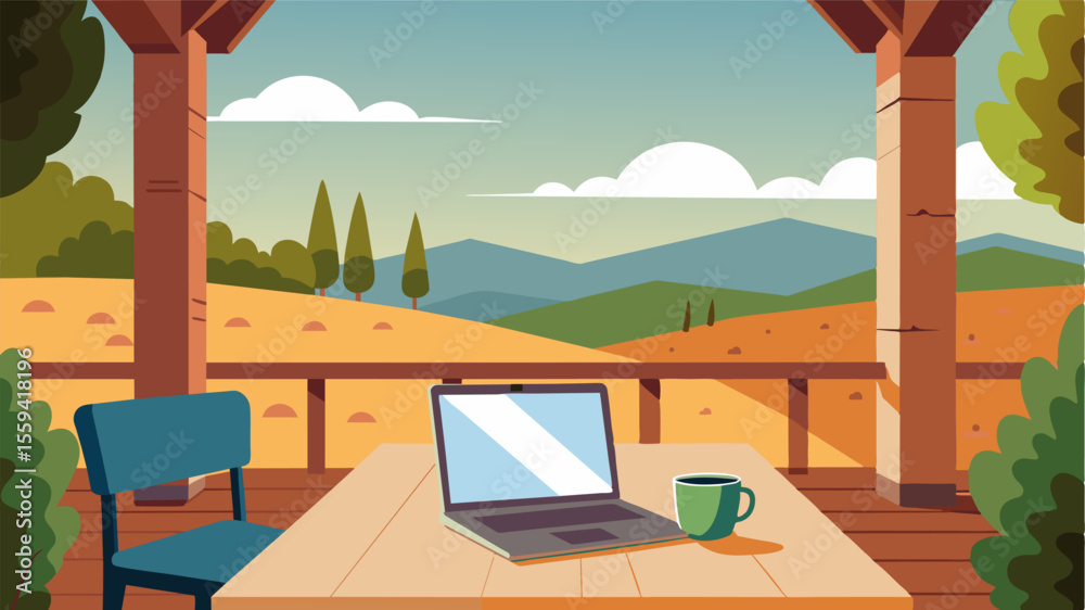 Fototapeta premium Perched on a wooden table on the porch the laptop provided an inviting workspace in the tranquil setting of Tuscany.. Vector illustration