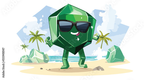 Emerald Gemstone Mascot Enjoying Vacation Flat Vector Illustration
