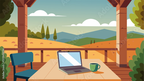 Perched on a wooden table on the porch the laptop provided an inviting workspace in the tranquil setting of Tuscany.. Vector illustration