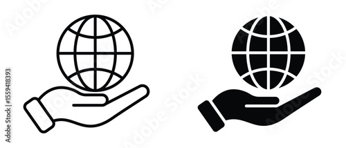 Hand holding globe icon set black and outline version for sustainability care global network concept design. Fully scalable and customizable.