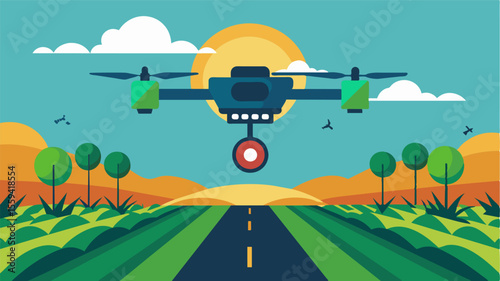 An automated drone equipped with sensors flying over the fields to collect data and detect crop diseases all managed through a digital platform.. Vector illustration