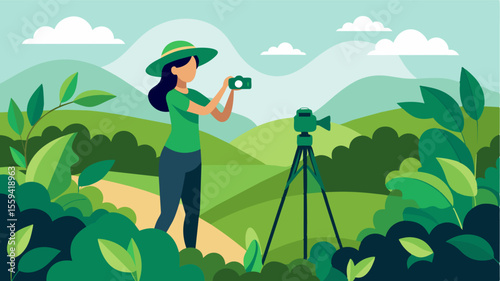 Surrounded by tea bushes of various shades of green the freelancer sets up her camera tripod and clicks pictures for a social media campaign for the tea plantation.. Vector illustration