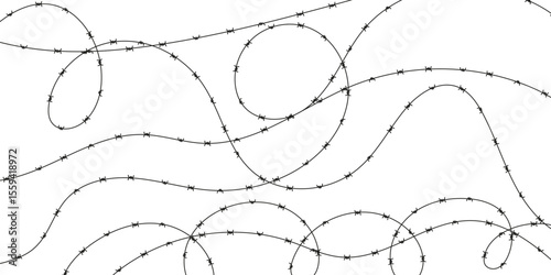 Barbed wire vector border. Isolated silhouette on white for prison, military zone, or security fence. Metal wire for danger or restricted area design.