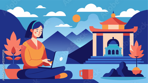 Equipped with a mobile hot spot a digital nomad takes advantage of the serene courtyard of a monastery to take a video call.. Vector illustration