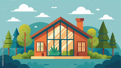 The cottage featured large windows that let in plenty of natural light creating the perfect ambiance for creative thinking and productivity.. Vector illustration