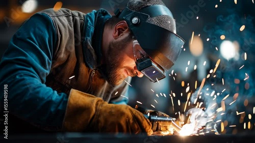 dramatic close-up of welder at work, sparks flying, wearing safety gear, dark industrial background, cinematic lighting